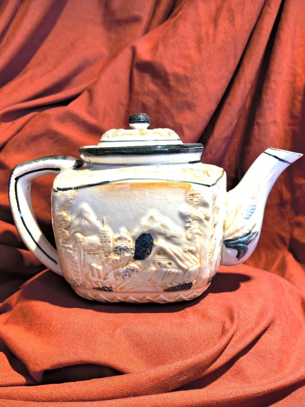 Vintage Square China teapot made ih Japan 5.75" w/ Swiss or Dutch Scene -3 Cup